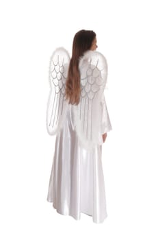 A angel in a long white satain dress with wings and long brown hair.standing in profile, isolated for white background..