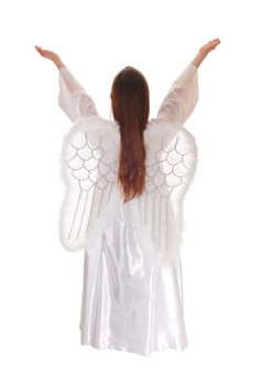 An angel in a long white satain dress with wings and long brown hair.standing from the back with arms raised isolated for white background..
