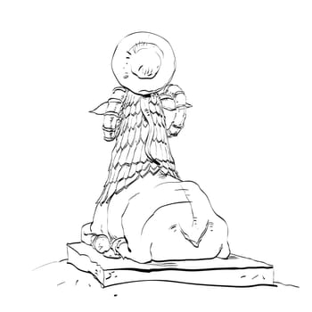 Golden sheep statue animal fairy. Black and white illustration. Fairy tale and adventure. Sheep with horns and a cobra