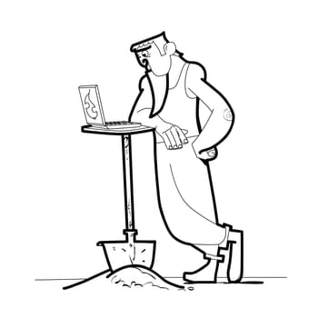 Computer work man shovel. Computer illustration. Vector computer Internet.
