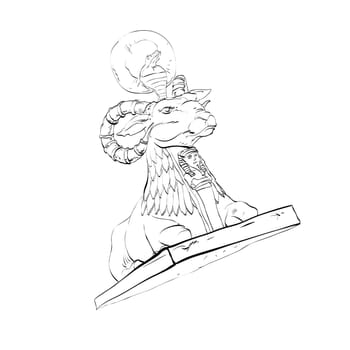 Golden sheep statue animal fairy. Black and white illustration. Fairy tale and adventure. Sheep with horns and a cobra
