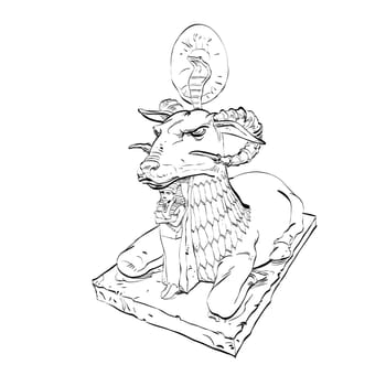 Golden sheep statue animal fairy. Black and white illustration. Fairy tale and adventure. Sheep with horns and a cobra