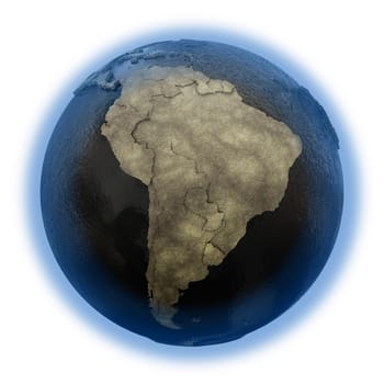 South America on 3D model of planet Earth with black oily oceans and concrete continents with embossed countries. Concept of petroleum industry or global enviromental disaster. 3D illustration isolated on white background.