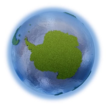 Antarctica on 3D model of planet Earth with grassy continents with embossed countries and blue ocean. 3D illustration isolated on white background.