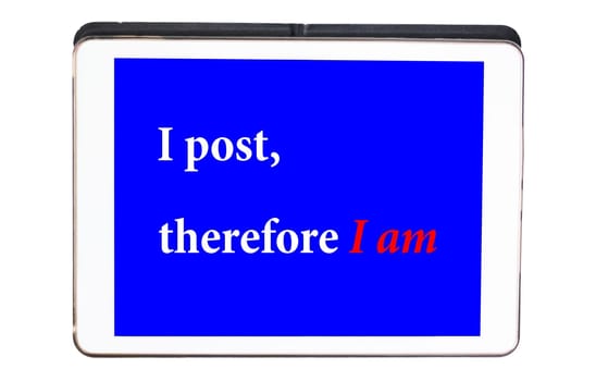 Digital tablet with social media message on blue screen, stock photo