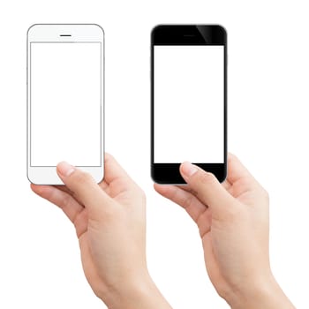 woman hand holding phone isolated clipping path inside image data