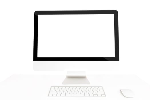 computer on table isolated clipping path inside on white background