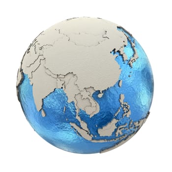 Southeast Asia on 3D model of blue Earth with embossed countries and blue ocean. 3D illustration isolated on white background.