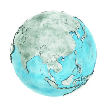 Southeast Asia on 3D model of planet Earth made of blue marble with embossed countries and blue ocean. 3D illustration isolated on white background.