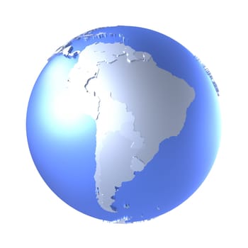 South America on bright metallic model of planet Earth with blue ocean and shiny embossed continents with visible country borders. 3D illustration isolated on white background.