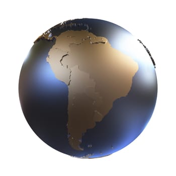 South America on elegant metallic model of planet Earth with blue ocean and shiny embossed continents with visible country borders. 3D illustration isolated on white background.