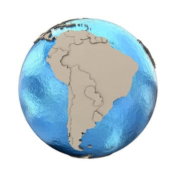 South America on 3D model of blue Earth with embossed countries and blue ocean. 3D illustration isolated on white background.