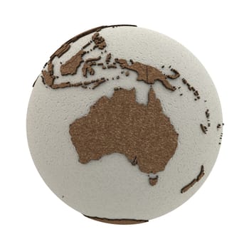 Australia on 3D model of planet Earth with oceans made of polystyrene and continents made of cork with embossed countries. 3D illustration isolated on white background.