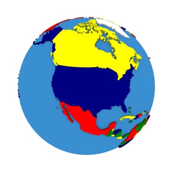 North America on political 3D model of Earth with embossed continents and countries in various colors. 3D illustration isolated on white background.