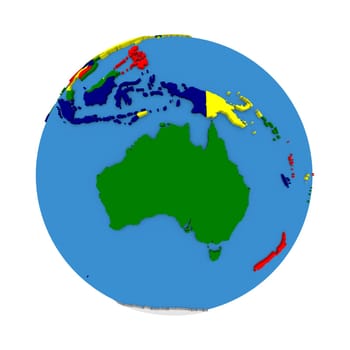 Australia on political 3D model of Earth with embossed continents and countries in various colors. 3D illustration isolated on white background.