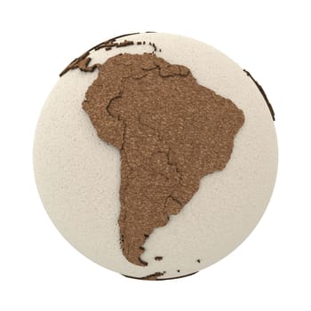 South America on 3D model of planet Earth with oceans made of polystyrene and continents made of cork with embossed countries. 3D illustration isolated on white background.