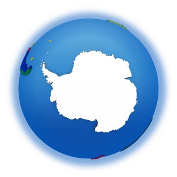 Antractica on political 3D model of Earth with embossed continents and countries in various colors. 3D illustration isolated on white background.