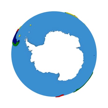 Antractica on political 3D model of Earth with embossed continents and countries in various colors. 3D illustration isolated on white background.