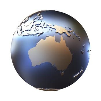 Australia on elegant metallic model of planet Earth with blue ocean and shiny embossed continents with visible country borders. 3D illustration isolated on white background.