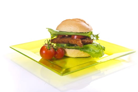 Schnitzel rolls on a white background with fresh tomato,salad and cucumbers