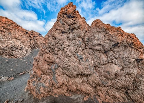 molten volcanic rock in the volcano El Cuervo in the Caldera de Los Cuervos ,in the Canary Islands in Lanzarote