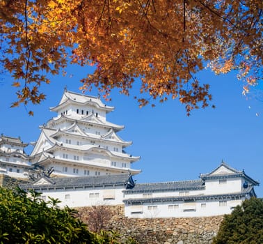 The beautiful Himeji Castle druing the fall season with nice color