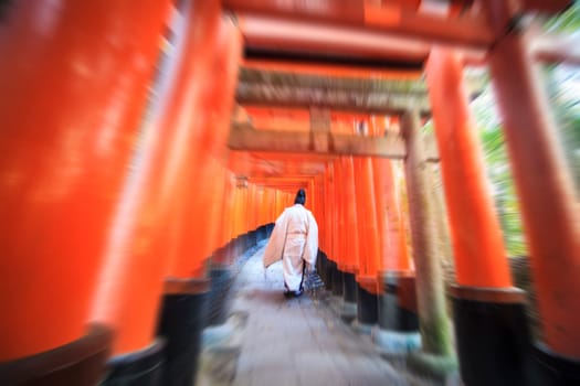Red Tori Gate at Fushimi Inari Shrine in Kyoto, Japan, selective focus, soft focus and blur imag