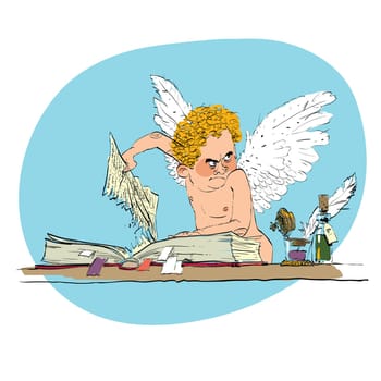 Bully angel pulls out the book page. Angels of good and bad. Fairy-tale creatures. Reading and libraries