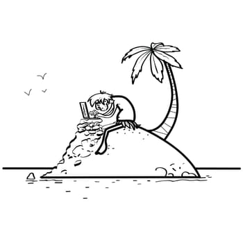 Robinson with a laptop. new technologies. Mobile Internet. Tropical island. tourism and travel. Black and white drawing for coloring