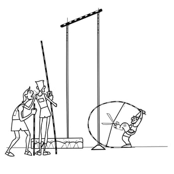 High jump athletes athletics. summer sports games. Humor in sports. Pole vault. Black and white drawing for coloring