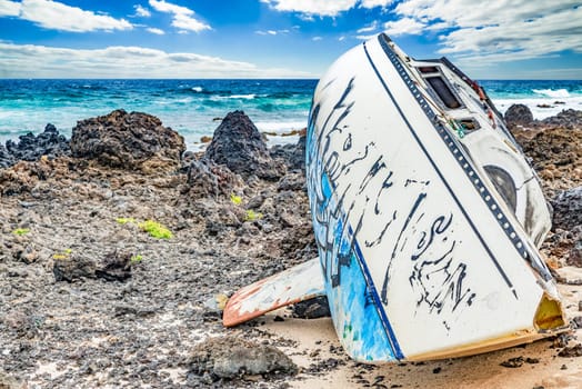 old sailing bott (yacht) wreck at the Caleta del Mojon blanco in Lanzarote (Canary Islands)