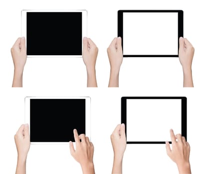 close up hand holding tablet isolated white clipping path inside data