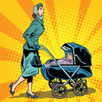 mom and stroller with baby pop art retro style. Mom walks with baby in the fresh air. Mom in the Park