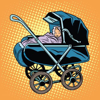baby nursery retro stroller pop art retro style. transport for children. Childhood and motherhood