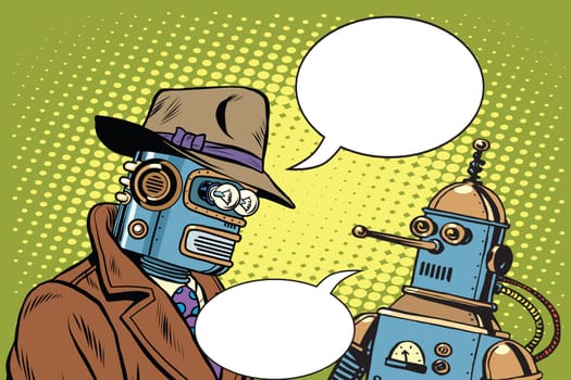 Dad and son robots pop art retro style. Artificial intelligence. Science fiction