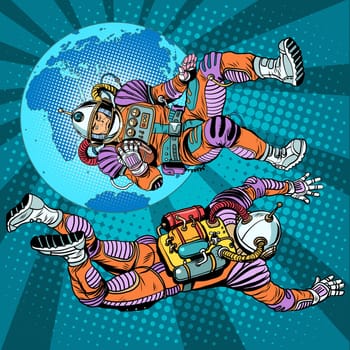 weightlessness astronauts in space over the earth pop art retro style. The study of space. Retro astronauts vector. Command of a spaceship