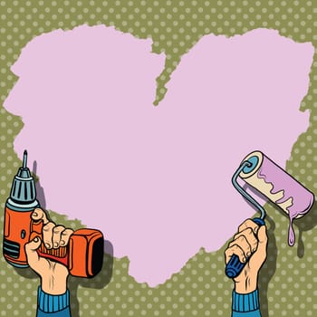 Love heart background paint wall repair pop art retro style. Valentin day. Day of the wedding. Invitation postcard. Love heart background