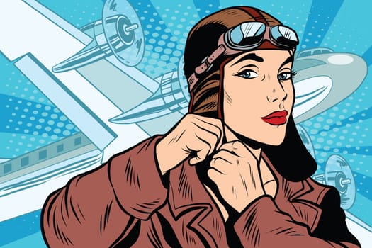 girl pilot prepares for departure pop art retro style. Travel and planes. Air transport
