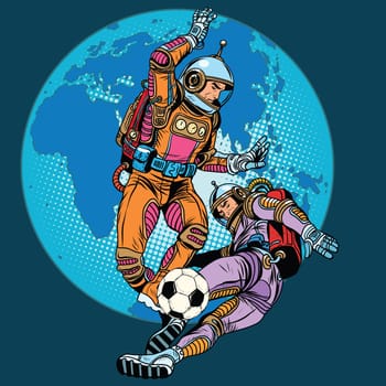 Football soccer match astronauts play pop art retro style. In zero gravity astronauts men play. Retro football. Future fantasy football