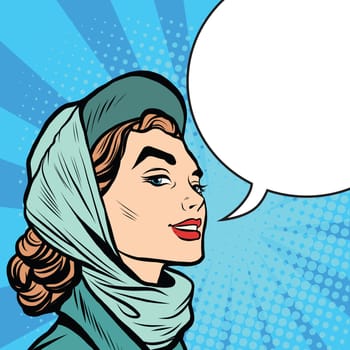 Face stylish retro women pop art retro style. the woman says comic bubble
