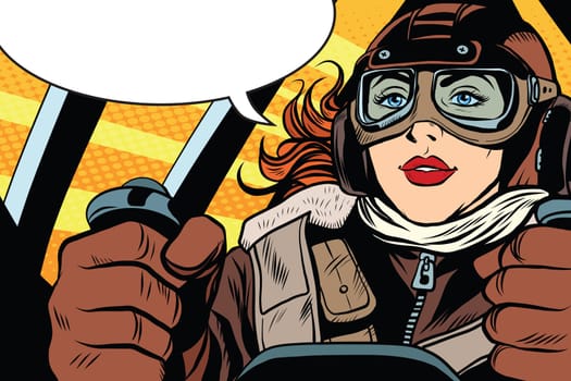 Girl retro pilot at the controls of the aircraft pop art retro style. The captain of the aircraft. Air transport