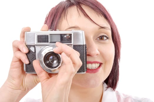 young woman with vintage camera on isolated on white background. youth lifestyle