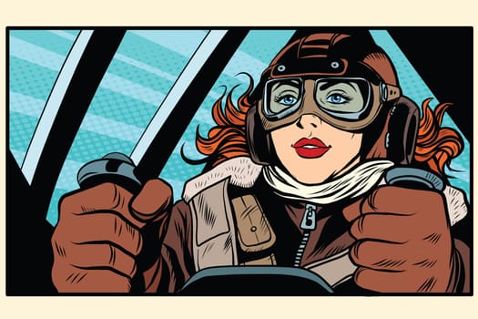 Girl retro pilot at the controls of the aircraft pop art retro style. The captain of the aircraft. Air transport