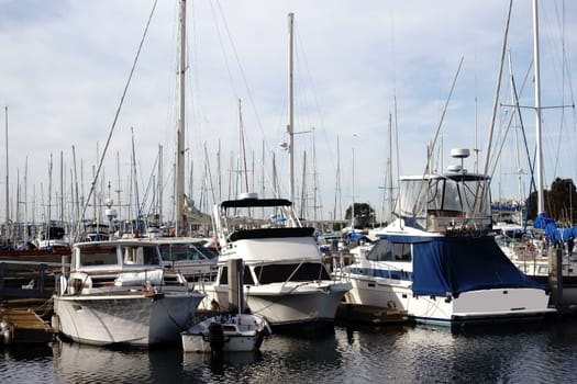 A sailing boat port with a large number of sailboats at the Marina del Ray recreational port in Los Angeles.