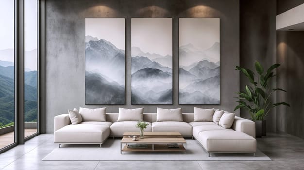 Spacious living area showcases a sectional sofa, coffee table, and large mountain landscape artwork. The room features natural light and a serene atmosphere - Generative AI