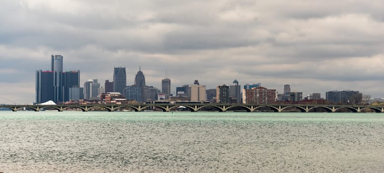 The buildings and downtown city skyline of Detroit, Michigan