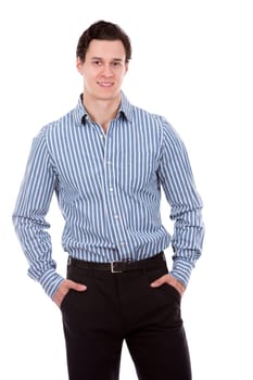 young caucasian man wearing blue shirt and black pants on white background