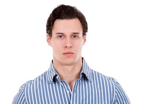 young caucasian man wearing blue shirt and black pants on white background
