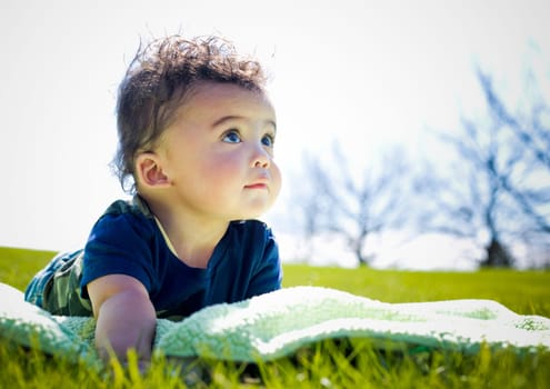 adorable baby boy outdoors posing on green grass