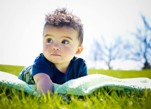 adorable baby boy outdoors posing on green grass
